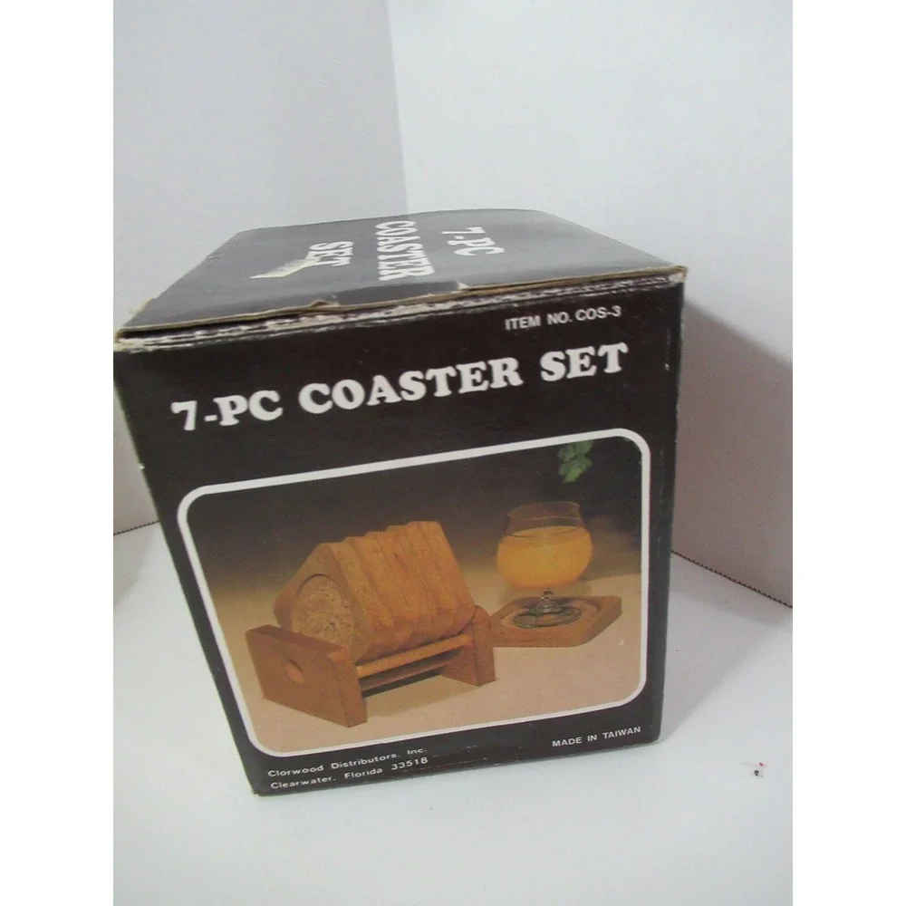 Vintage wood cork coaster set w/ stand in box Clorwood dist. Taiwan